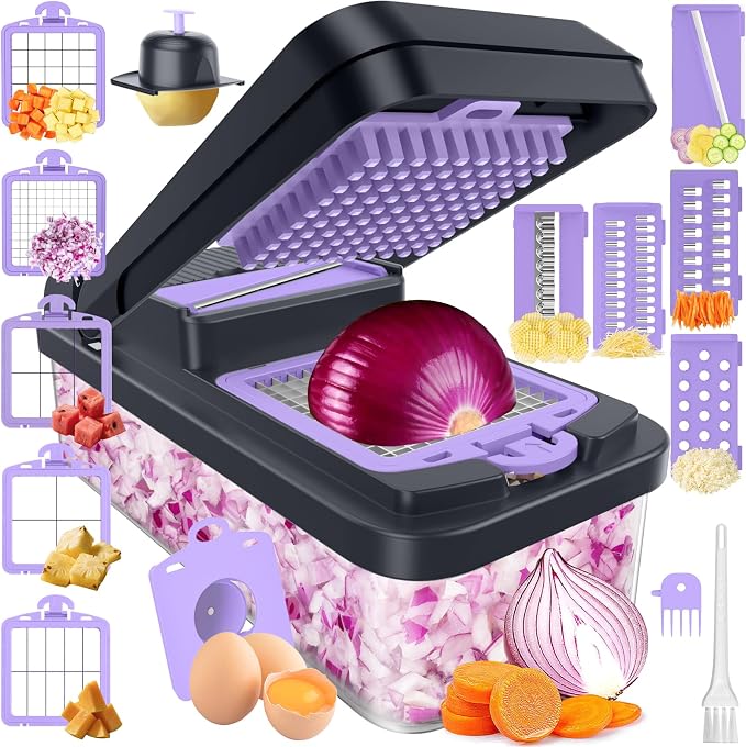 MealHelper 15-in-1 Vegetable Chopper, Food Veggie Chopper With Container | Kitchen Prep Tool, Cheese Grater, Home Essentials & Kitchen Gadgets, with Sharp Stainless Steel Blades(10 Blades, Purple)