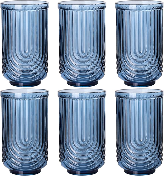 Blue Vintage Drinking Glasses Set of 6-17oz Hand-Blown Highball Ribbed Glassware, Arch Design Cocktail Glasses for Whiskey Water Beverages Ice Coffee Juice Milk