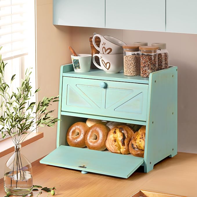 Bamboo Corner Bread Box for Kitchen Countertop 2-Tier Green | Farmhouse Bread Storage Container, Large Pantry Organizers for Homemade Snacks, Loaves, Breathable Keeps Bread Fresh