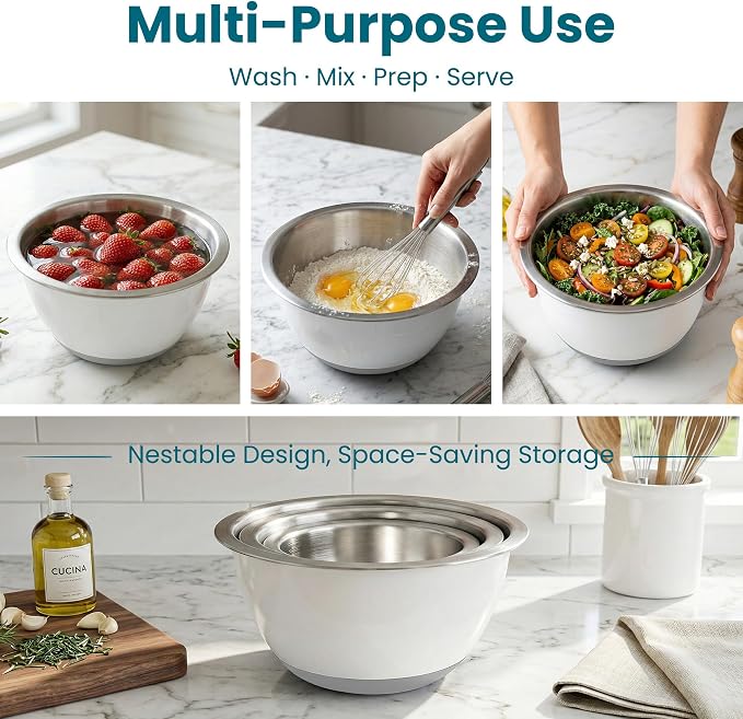 18/8 Stainless Steel Mixing Bowls Set with Lids,1.5,3 & 5 Qt,White | Non-Slip Silicone Base & Measurement Marks, Airtight Food Storage for Baking, Cooking & Meal Prep，Nesting Design