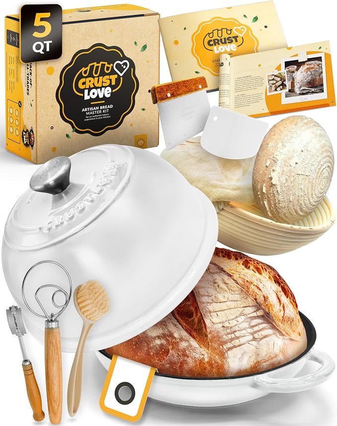 5 QT Enameled Dutch Oven for Bread Baking with Lid & Starter Kit | Dutch Oven for Sourdough Bread Baking, Enameled Cast Iron, Banneton, Bread Sling, Lame, Dough Whisk & Step-by-Step Guide