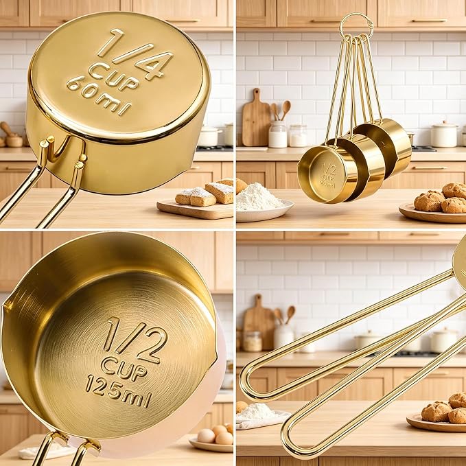 4pcs Stainless Steel Measuring Cups Set, Gold | Kitchen Accessories, Baking, Tea Coffee Measuring Tools