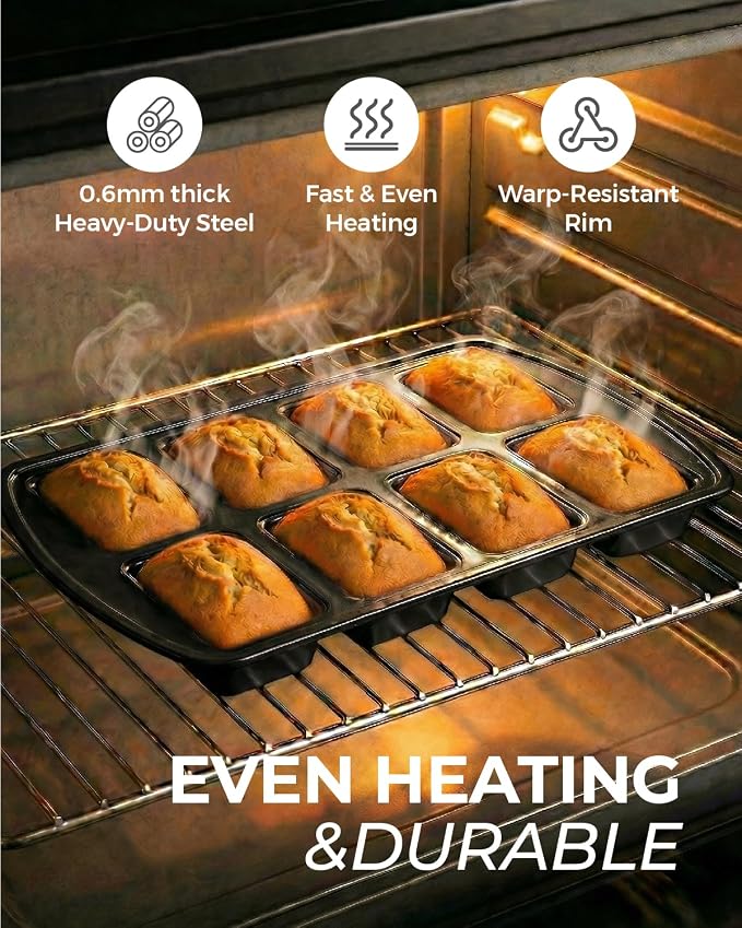 CARTMAN 2-Pack 8-Cavity Mini Loaf Pans, Carbon Steel Bread Pan Set, Black | Includes spatula & brush, 0.6mm carbon steel, nonstick release, for banana bread, mini meatloaf, ideal for keto & meal prep