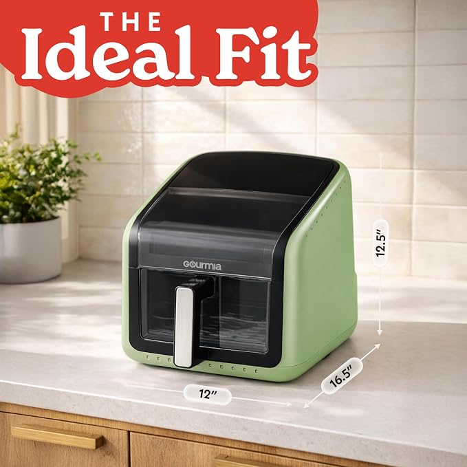 Gourmia Air Fryer 7 QT - Easy View Panorama Window & Interior Light, Guided Cooking with 12 One-Touch Presets, FryForce 360, Dishwasher Safe Accessories, Green