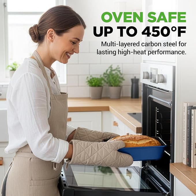 NutriChef 8-Piece Nonstick Stackable Bakeware Set - PFOA, PFOS, PTFE Free Baking Tray Set w/Non-Stick Coating, 450°F Oven Safe, Round Cake, Loaf, Muffin, Wide/Square Pans, Cookie Sheet (Blue)