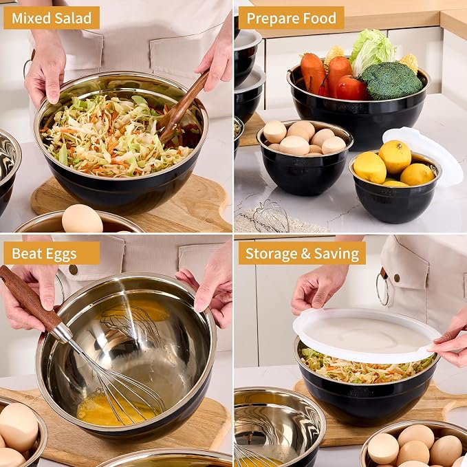 Black Mixing Bowls with Airtight Lids, Stainless Steel Nesting Mixing Bowls Set of 7, Ideal for Baking, Prepping and Serving Food, Size 7, 3.6, 2.7, 2.1, 1.5, 1.1,0.8 QT, Stackable Design
