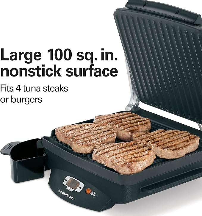 Hamilton Beach Steak Lover's Electric Indoor Searing Grill, Nonstick 100 Square, Stainless Steel (25331), Black and Stainless, Medium | Adjustable Temperature Control To 500° F | Non-Stick PFAS-Free 100 sq. in. Cooking Surface | Black & Stainless Steel