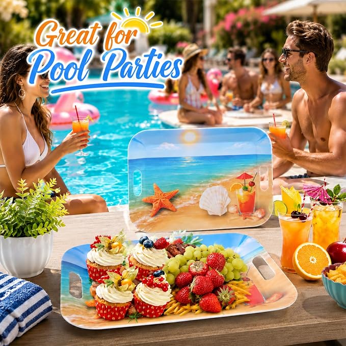 2 Pcs Summer Beach Serving Trays with Handles Colorful Beach Party Party Decorations 16 X 11inch Large Melamine Serving Platters for Birthday Baby Shower Hawaiian Tropical Summer Parties Supplies