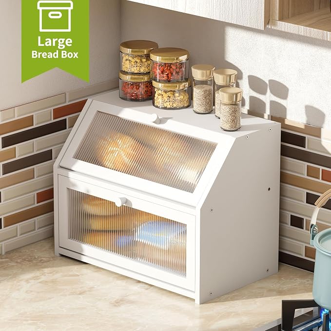 BMOSU Large Bread Box for Kitchen Countertop,Double Layer Bread Box for Kitchen Counter,Bamboo Wood Bread box Capacity Bin Storage(White)