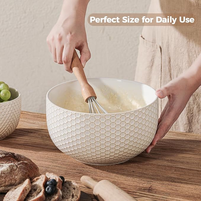 Ceramic Mixing Bowls Set of 4, Nesting Bowls for Kitchen | Large Embossed Serving Bowls for Mixing, Prep, Baking, Salad, Soup & Pasta, Microwave Dishwasher Safe