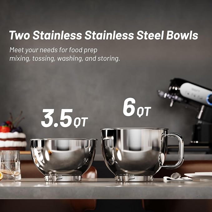 Stand Mixer, 3.5QT&6QT Bowls Mixers Kitchen Electric Stand Mixer Black | 600W Tilt-Head Kitchen Mixer with Stainless Steel Bowl, Dishwasher-Safe Dough Hook, Flat Beater, Wire Whisk, Splash Guard