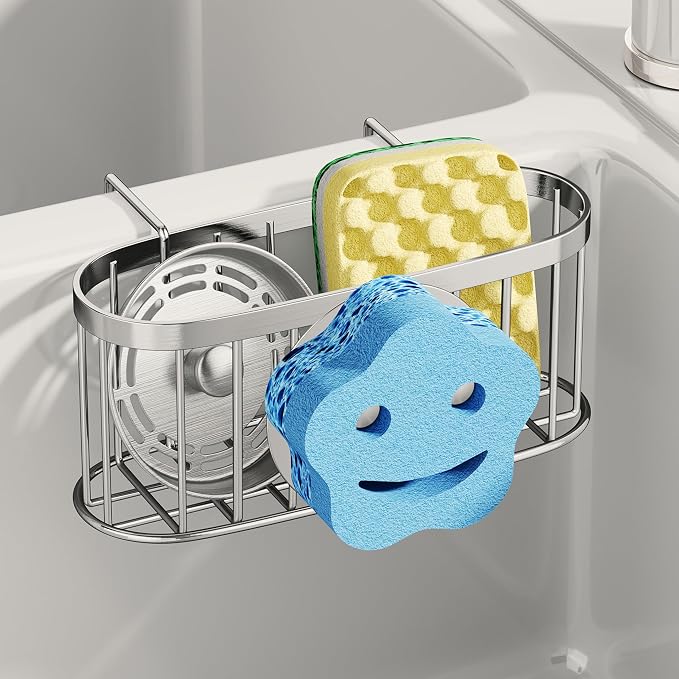 SWTYMIKI Sponge Holder for Kitchen Sink - Movable Sink Caddy with Smiley Face Sponge Holder, Rustproof Hanging Sponge Organizer in Double Bowl Sinks Depth>3.15in, Middle Divider<1.5in, Silver