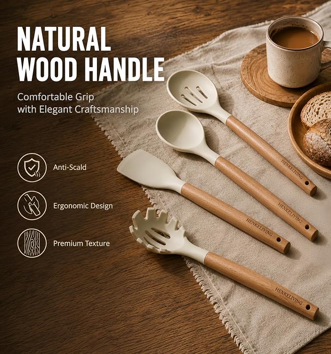 Silicone 10 Pcs Kitchen Cooking Utensils Set, Recycled Materials Certification, BPA Free Spatula Set with Heat Resistant Wood Handles for Nonstick Cookware, Cream White