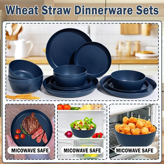 EjonirInjonir 12pcs Unbreakable Blue Dishes Set for Camping, Wheat Straw | Eco-Friendly, Reusable Wheat Straw Dinnerware Sets with Deep Wheat Straw Plates for Outdoor Family Picnic and RV Dining