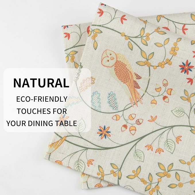 QIYI Boho Table Placemats Set of 6, 12"x18" Linen Place Mats, Forest Birds | Fabric Place Mats for Kitchen Dinning, Farmhouse Rustic Cloth Table Mats, Washable Placemat Party Table Décor