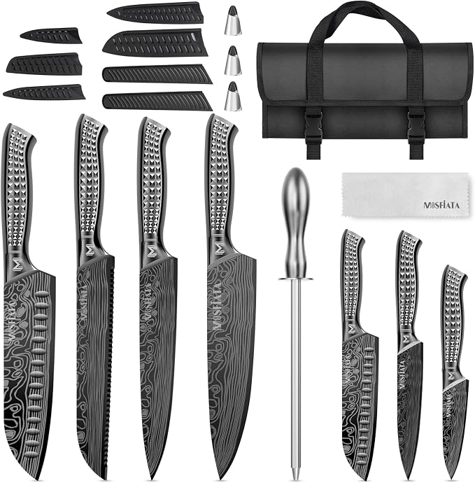 MOSFiATA Kitchen Knife Set, 12Pcs Japanese Stainless Steel Knife Sets for Kitchen with Oxford cloth storage bag with Knife Sharpening Rod, Dishwasher Safe, For Outdoor(grey)