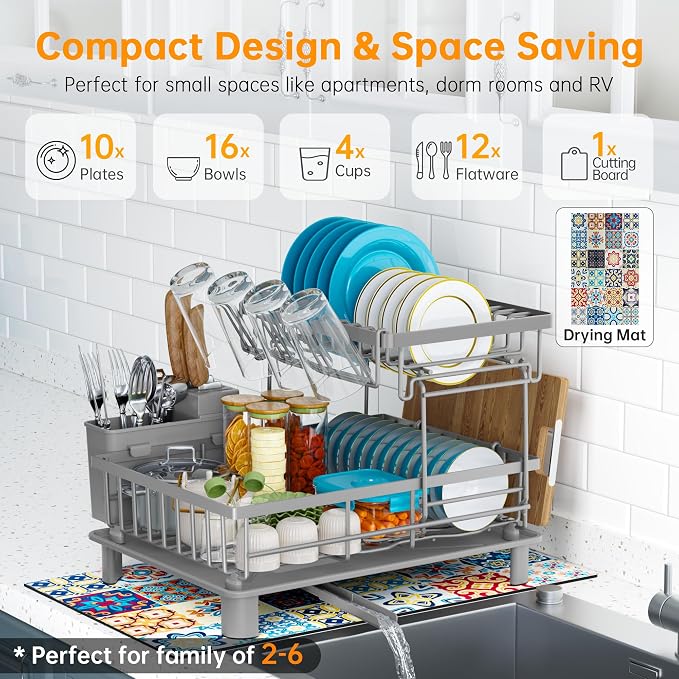 2 Tier Large Detachable Dish Drying Rack for Kitchen Counter, Gray | Compact Dish Drainer Organizer, Rust-Resistant, Space-Saving Dish Rack with Drainboard, Utensil Holder, Kitchen Organizer