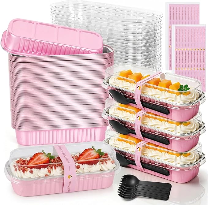 YQER 60 Pack Mini Cake Pans with Lids and Spoons, 6.8 oz Pink Disposable Aluminum Foil Mini Loaf Pans with Stickers, Individual Small Dessert Cake Tins Containers for Baby Showers, Birthdays, Gifts