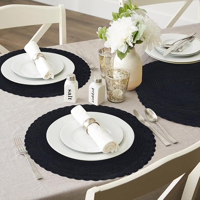 SHACOS Round Placemats Set of 6 Woven Round Table Mats 15 inch Braided Border Washable Cotton Polyester Circle Place Mats, Black