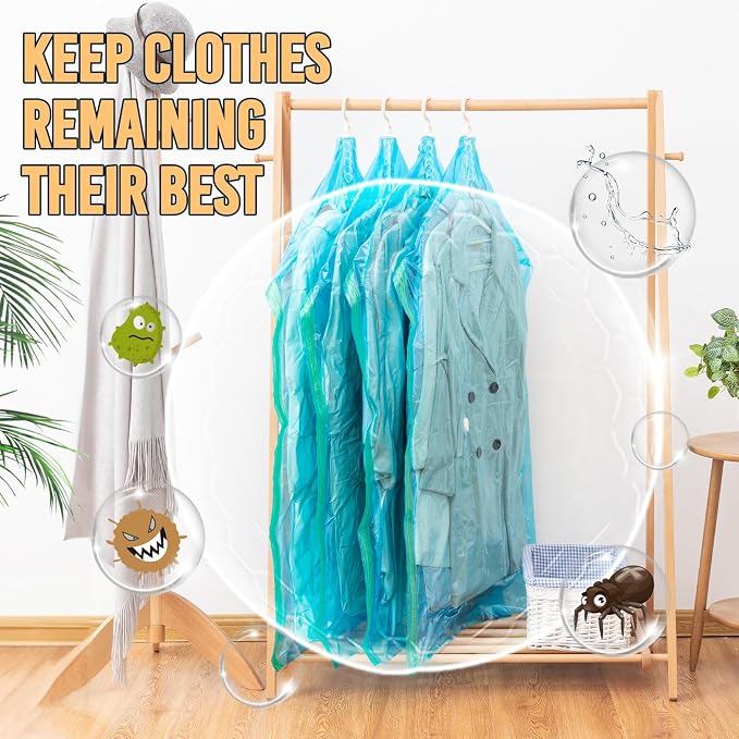 TAILI Hanging Vacuum Storage Bags Clothes, Coats, Jackets,6 Jumbo Blue | Vacuum Seal Bags for Clothing, Space Saver Winter Clothes Storage Closet Organizer Garment Storage