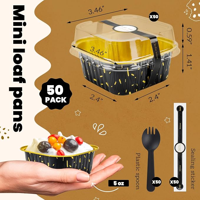 NPLUX Square Foil Cups with Lids, 50 Pack Black Gold 5oz for Bakery Gifts | Use for cake slices, loaf cuts, tiramisu and truffle layers; topping visibility supports counter display.
