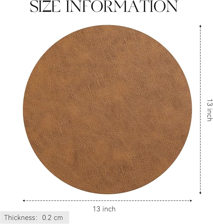 MOSAYT 13 Inch Round Vinyl Placemats Set of 6 - Faux Leather 100% Waterproof Oil-Proof Wipeable PU Place Mats, Heat Resistant Reversible Table Mats for Kitchen, Dining, Outdoor, Reddish Brown