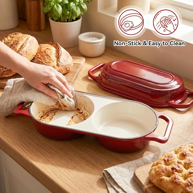 Double Dutch Oven Pot with Lid, 2.2QT Enameled Cast Iron Bread Loaf Pan, Mini Dutch Oven For Sourdough Bread Baking, 500°F Oven Safe Non Stick Dual Round Bread Pan, Bread Oven, 16.5cm Diameter, Red