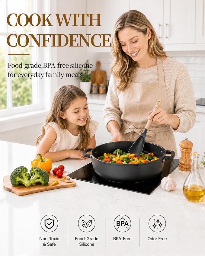 Astercook Cooking Spoon, 2 Pack, Nonstick Safe Silicone Spatula | Long Wooden Handles, Heat Resistant, BPA-Free, Built-in Spoon Rest, Spatula Spoon For Stirring, Scooping, Scraping & Serving