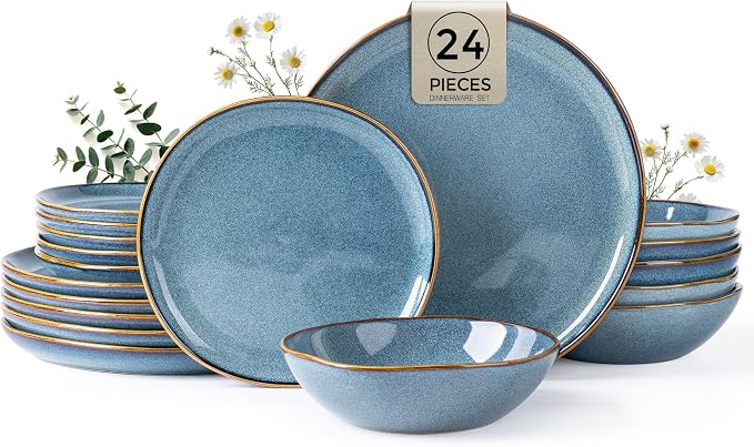 AmorArc Ceramic Dinnerware Sets for 8, 24Pcs Plates and Bowls Sets Dishes | Stoneware Handmade Reactive Glaze Dinner Set, Highly Scratch Resistant | Dishwasher & Microwave Safe Dishware
