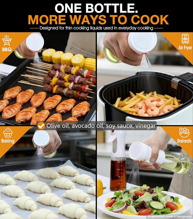 Oil Sprayer for Cooking, Olive Oil Sprayer, Approx. 1g Per Press (1) | Patented Spray Structure, Glass Bottle, Wide Fan Mist, Built-in Filter for Air Fryer, Salad, BBQ and Baking