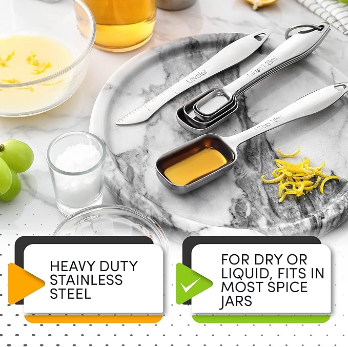 Spring Chef Stackable Stainless Steel Measuring Spoons Set of 6 w/Leveler | Rectangular Metric Metal Teaspoon & Tablespoon Measuring Spoons for Dry & Liquid Ingredients, Fits in Spice Jars, Long Handle