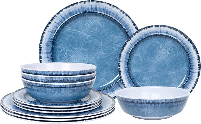 Melamine Dinnerware Set of 12 Pcs Dinner Dishes Set for Indoor and Outdoor Use, Dishwasher Safe, Lightweight Unbreakable, Navy Blue