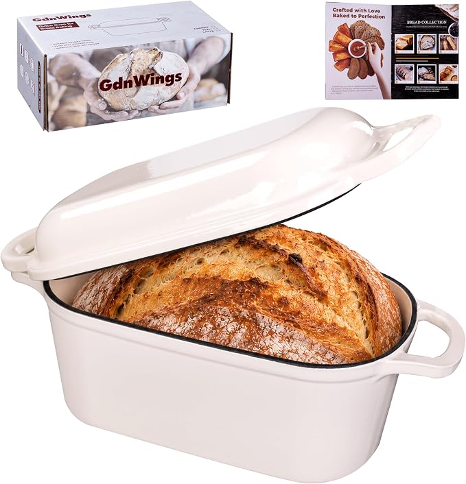 4.6 Quart Dutch Oven for Sourdough Bread Baking | Oval Bread Dutch Oven with Lid, Cast Iron Bread Pan for Crispy Crust, Steam Baking Design for Artisan Homemade Loaves, White