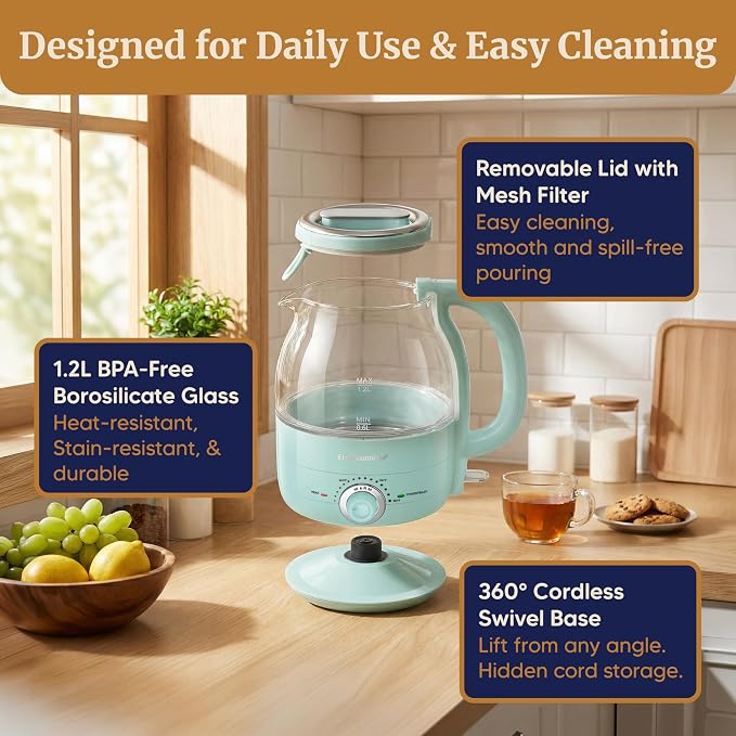Elite Gourmet 1.2L Glass Kettle, 1200W Fast Boil, Temp Control, Mint | BPA-Free Borosilicate Glass, Keep Warm Function, Auto Shut-Off & Boil-Dry Protection, 360° Cordless Base