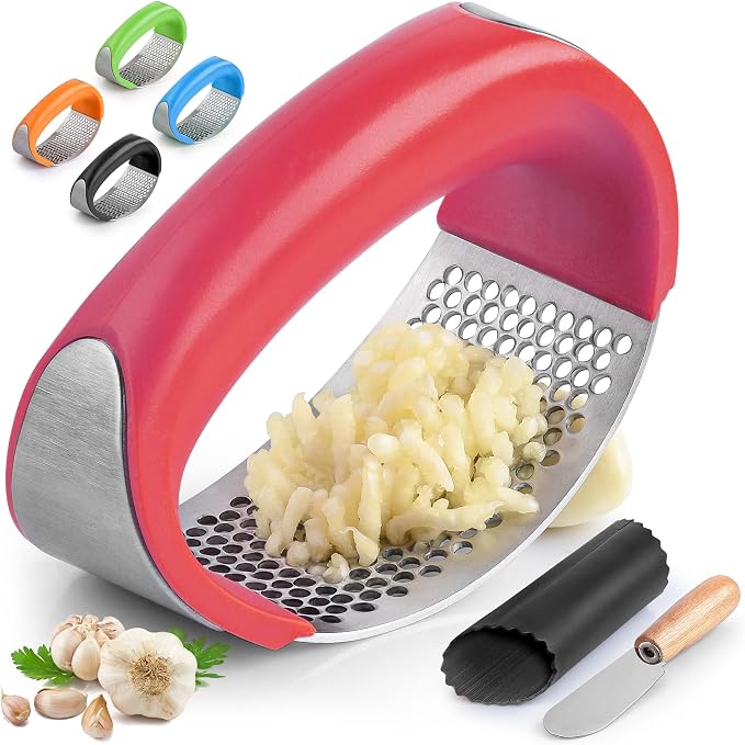 Zulay Kitchen Stainless Steel Garlic Press Rocker Set - Premium Garlic Mincer Garlic Crusher - New Innovative Garlic Crusher with Peeler and Scraper - Comfortable Grip (Red)