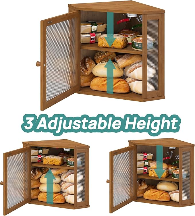 viewcare Corner Bread Box for Kitchen Counter, Bamboo Wood Large Capacity Bread Storage Bin with Acrylic Wavy Door Panel (Brown, Meduim)