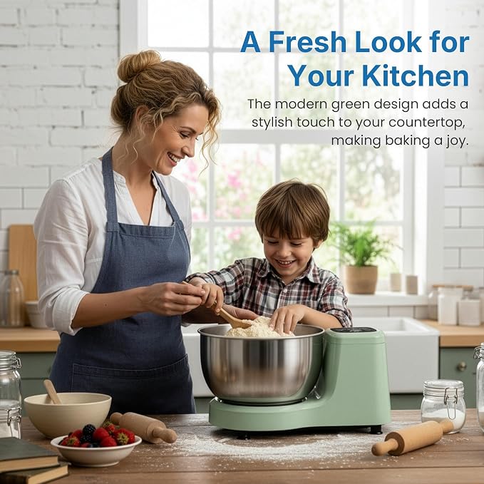 Electric Dough Mixer Maker, 5.3 QT Fermenting and Kneading Flour Mixer Machine with Stainless Steel Bowl & Time Control, Green Stand Mixer for Baking Bread Cake Pizza & Sourdough