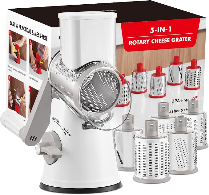 GDL Cheese Grater Hand Crank, Rotary Cheese shredder, Vegetable Slicer | 5 Stainless Steel Blades, 12x Fast Cutting, Non-slip Suction Base, No BPA, Dishwasher Safe, Easy Use for Cheese, Veggies, Nut