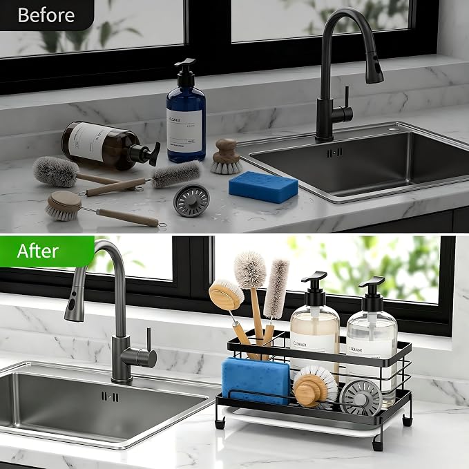 Cisily Sponge Holder for Kitchen, Sink Caddy Organizer, Kitchen Sink Accessories with Drip Tray, Rustproof and Non-slip Kitchen Sink Sponge Holder (Black)