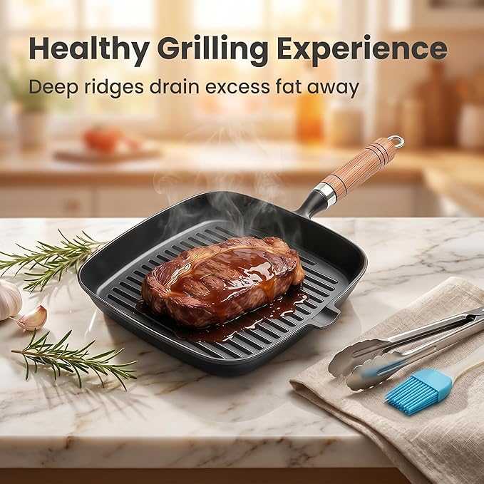 Cast Iron Grill Pan, 8.6" Griddle Pan Skillet with Pour Spout for Searing Steak