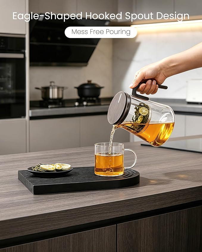 ZENS Magic Teapot with Infuser and Magnetic Lid for Loose Tea Maker, 34oz | Glass Magnetic Teapot, Echanted Tea Pot with Infusers for Loose Tea Steeper, Tea Lovers Gift, Black Walnut Pattern