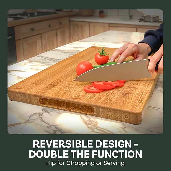 Bamboo Cutting Board for Kitchen - 17" Large Wooden Cutting Board, Heavy Duty Chopping Board with Side Handles, Deep Juice Groove, Reversible Charcuterie & Cheese Board for Meat and Serving