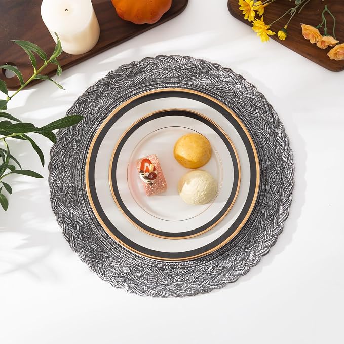 SHACOS Round Placemats Set of 4 Boho Braided Border 15 inch Circle Place Mats Washable Fabric Table Mats for Kitchen Dining Table, Gray (Pack of 2)
