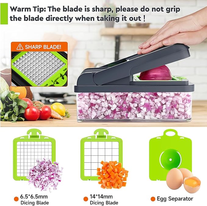 MealHelper 12-in-1 Vegetable Chopper, Food Veggie Chopper With Container | Kitchen Prep Tool, Cheese Grater, Home Essentials & Kitchen Gadgets, with Sharp Stainless Steel Blades(7 Blades, Green)