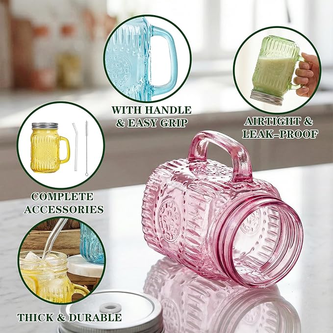 DaYammi 16 oz Mason Jars with Lids and Straws, 6 Pack Colorful Vintage Drinking Glasses, Leak Proof Iced Coffee Cups for Daily Use & Party