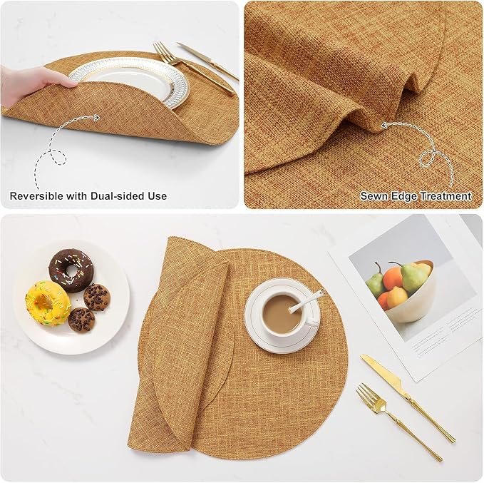 Cotton Linen 15 Inch Round Cloth Place mats, Set of 4, Amber | Washable Table Mats, Heat Resistant, Reversible, Wipeable Place Mats for Indoor Outdoor