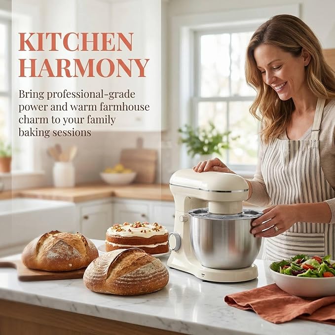 10 Speeds Stand Mixer With Bowl 6.5QT Stainless Steel, Electric Kitchen Stand Up Mixer for Baking Cakes Cookie Bread Salad Food with Egg Whisk, Dough Hook, Flat Beater - Portable Baking Mixers White