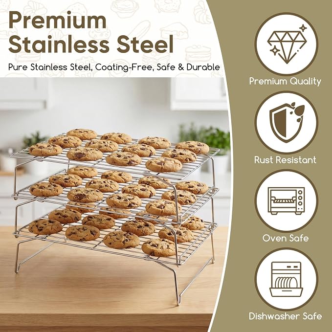 Herogo 15" x 10" Cooling Rack, 3-Tier Stainless Steel Baking Rack for Cookies, Cupcakes, and Pastries, Collapsible Space-Saving Design, Dishwasher Safe, Ideal for Baking, Roasting, and Drying
