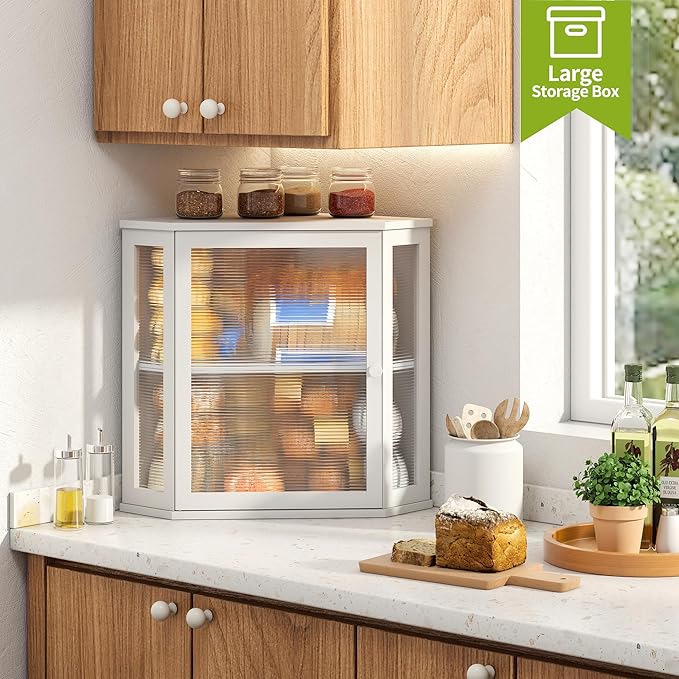 BMOSU Corner Bread Box for Kitchen Countertop Double Layer Bamboo Wooden Bread box Large Capacity Bread Storage Bin(White, Extra Large)