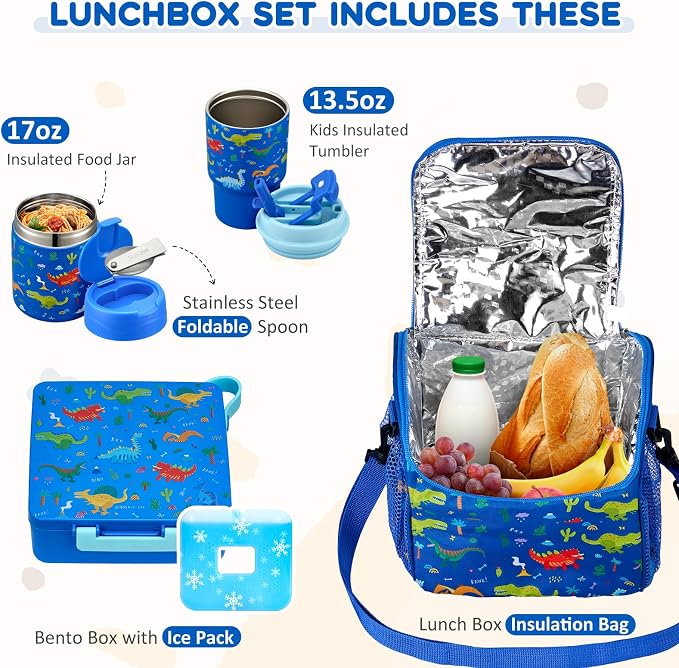 Pawtong Lunch Box Set with Bento Box Container, 17OZ Stainless Steel Food Soup Thermo, Kids Water Bottle & Portable Insulated Lunch Bag, Leakproof, Hot/Cold Retention for School, Travel (Dinasour)